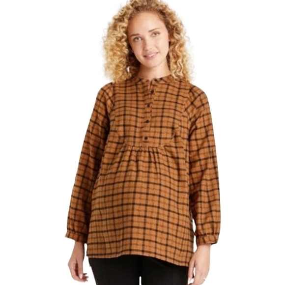 Isabel Maternity by Ingrid & Isabel Brown Flannel Plaid Maternity Blouse Size S - Picture 1 of 6